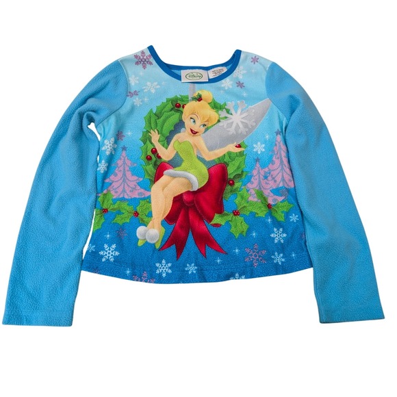 Disney Tinkerbell Pajama Top Girls Sz 6/6X Christmas Holiday Blue Fleece Cartoon - Picture 1 of 10